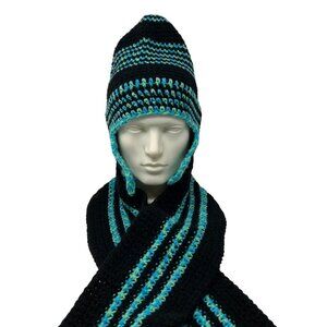 Handcrafted Crochet Boho Hat & Scarf Set Black & Aqua Green Mix Striped 100"x6"